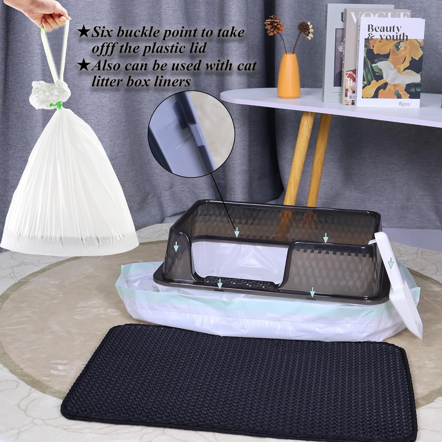 Suhaco Stainless Steel Litter Box Side Entry, Kitty Black Litter Mat and White Scoop Included Covered Metal High Sided Large Cat Litter Box with Lid Removable Enclosure for Medium Cats (Black)