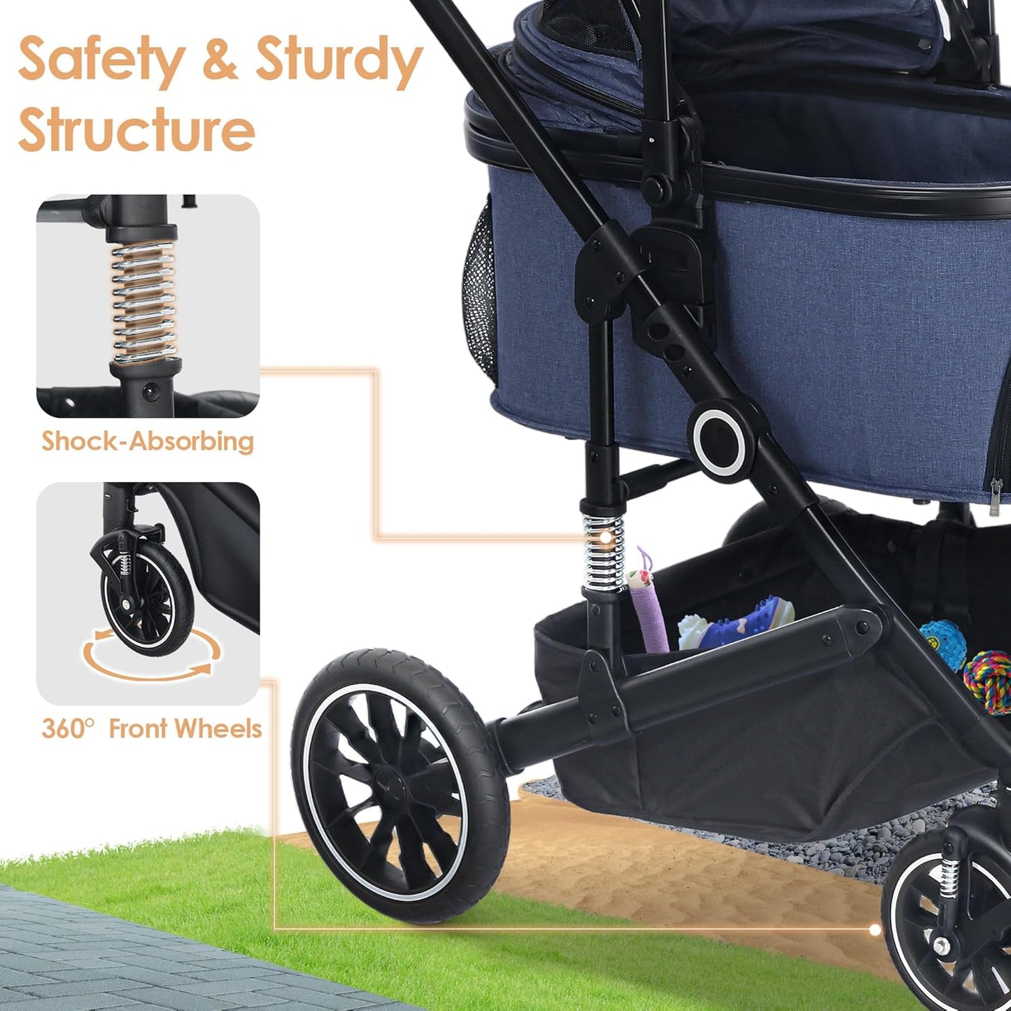 Pet Stroller with 4 Wheels, 3 in 1 Folding Puppy Strollers for Small/Medium Dogs Cats up to 50lbs, Lightweight Pet Travel Carrier with Detachable Cushion, Storage Basket and Cup Holder, Blue - Pawvie