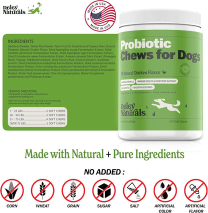 Deley Naturals Dog Probiotic Chews - Dogs Probiotic for Digestive Health with 4 Billion CFUs & Digestive Enzymes - Anti Diarrhea for Dogs - Dog Gut Health Probiotics for Allergies - Made in The USA