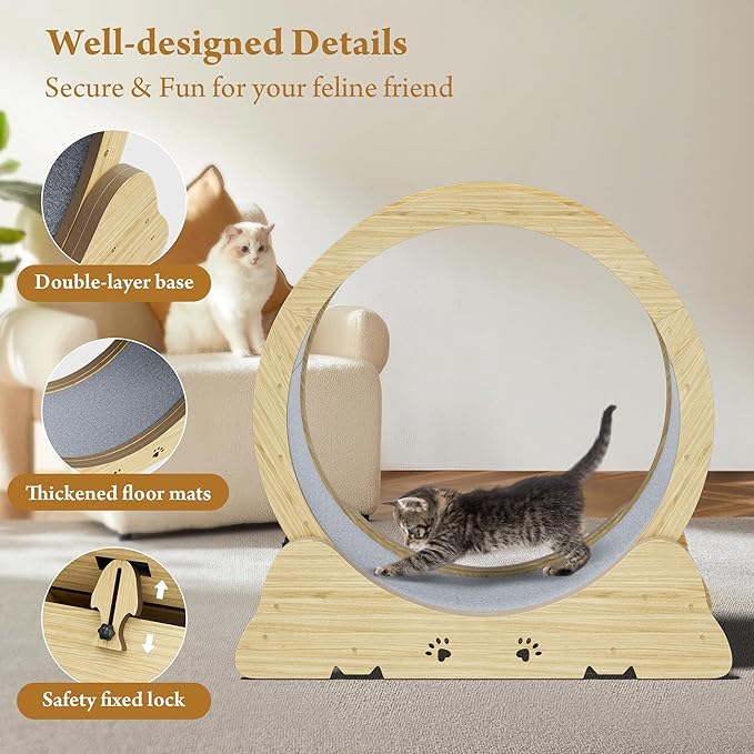 Cat Exercise Wheel, Quiet 34" Cat Treadmill for Indoor Cats, Running Wheel with Carpeted Runway & Safety Lock, Compact Design for Small & Adult Cats Weight Loss & Daily Exercise