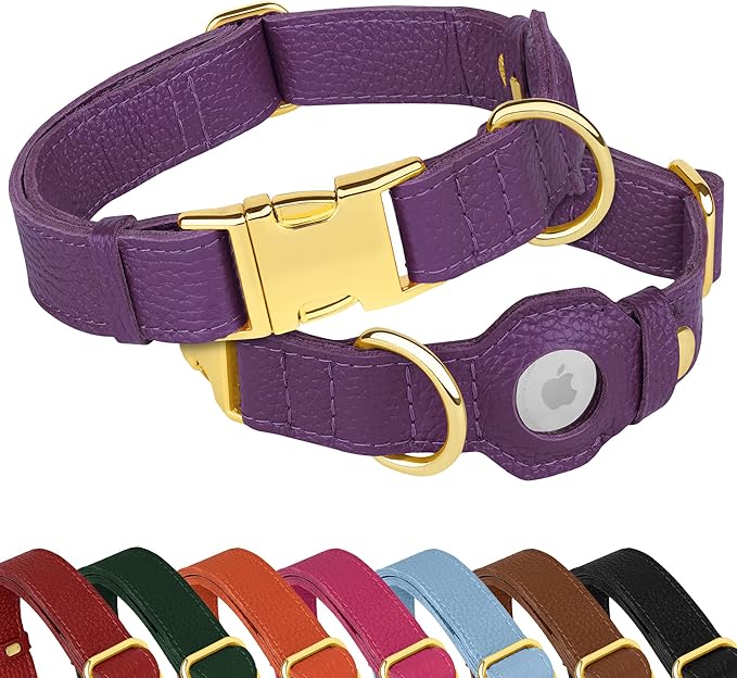 Leather Airtag Dog Collar - Soft Tracking Dog Collar with Apple AirTag Holder and Metal Buckle - Safety GPS Pet Collars for Small Medium Large Dogs Puppy Pink Red (Purple, XL, 20"-25" Neck Fit)