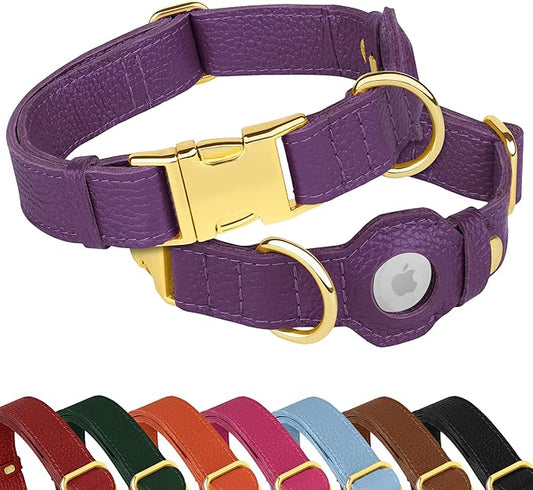 Leather Airtag Dog Collar - Soft Tracking Dog Collar with Apple AirTag Holder and Metal Buckle - Safety GPS Pet Collars for Small Medium Large Dogs Puppy Pink Red (Purple, XL, 20"-25" Neck Fit)