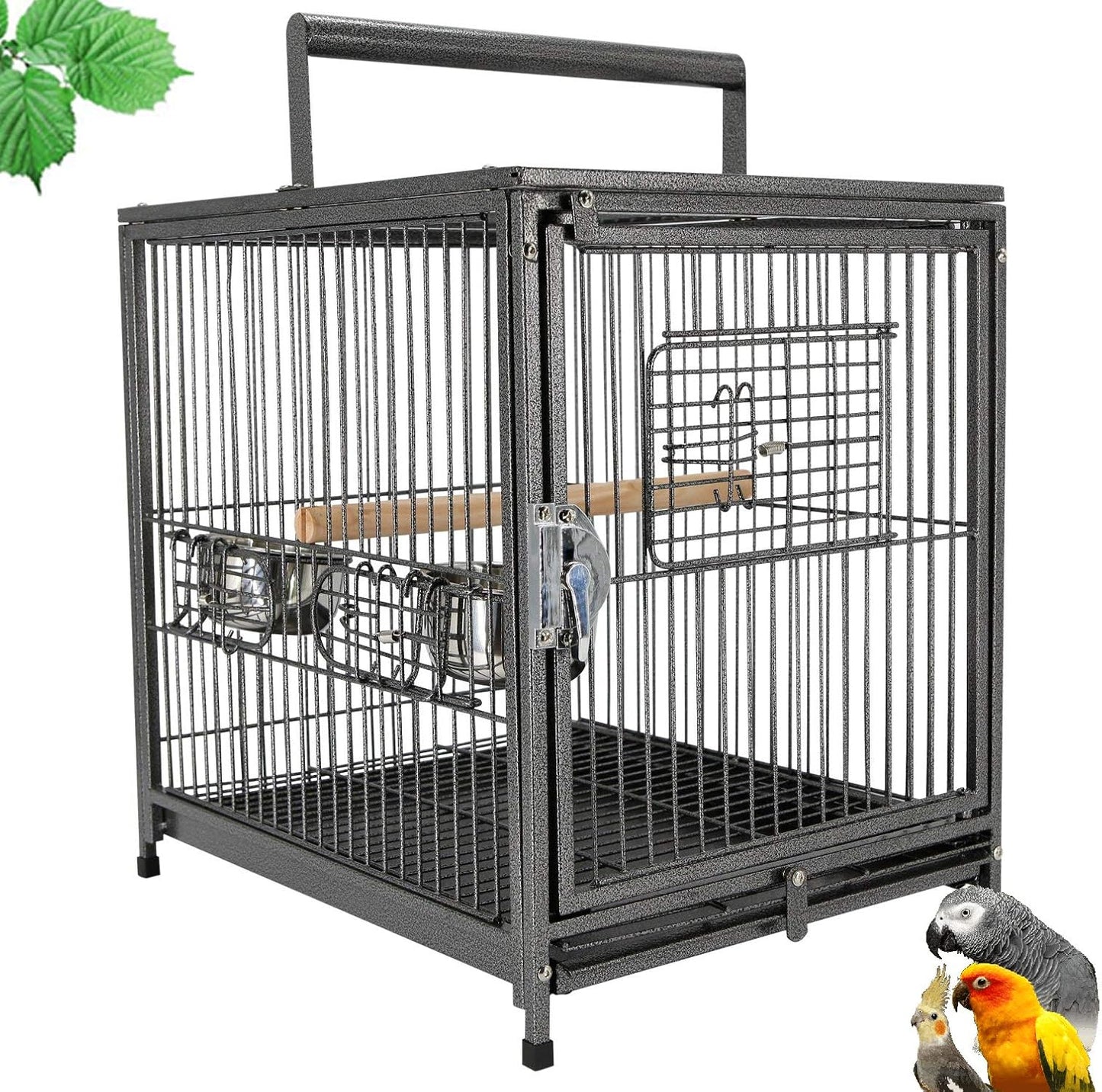 Portable Heavy Duty Travel Bird Parrot Carrier Cage Feeding Bowl Play Stand with Handle
