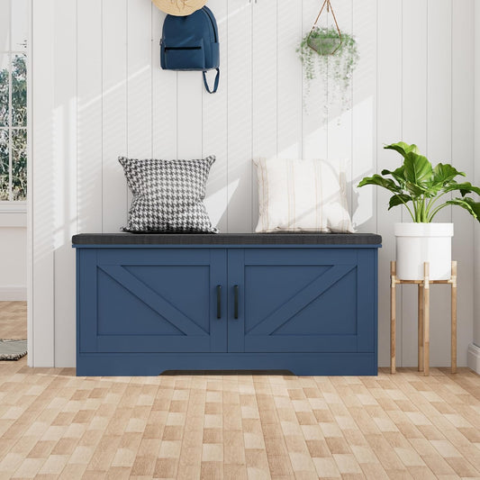 2-Tier Storage Bench, Shoe Bench with Padded Seat Cushion, Entryway Bench with 2 Barn Doors, Adjustable Shelf, 13.8" D x 39.4" W x 17.7" H, for Entryway, Living Room, Bedroom, Blue