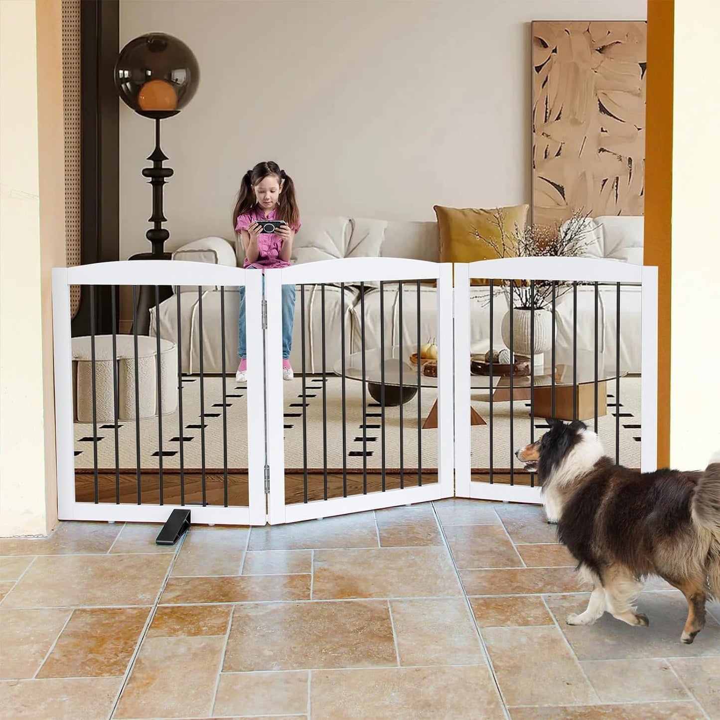 ZJSF Freestanding Panel Dog Gate for Indoor, Doorways,Stairs, or Hallways,Foldable Wooden White Pet Gates for House,Pet Gate for Dogs,Dog Fence, Puppy Gate,Support Feet Included,24 "Height-3 Panels