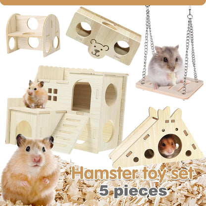 Hamster Toys 5-Piece Set ，Hamster House, Swing, Climbing Ladder, Seesaw & Exercise Wheel，Pet DIY Sport Exercise Toys Set, Small Animal Habitat Accessories ，Gerbils, Mice（Natural Wood）