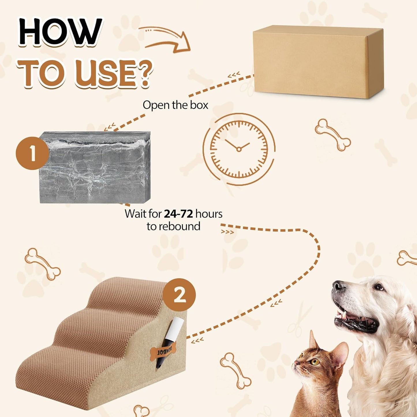 Romrol Dog Stairs Ramp for Beds Couches, Extra Wide Pet Steps with Durable Non-Slip Waterproof Fabric Cover, Dog Slope Stairs for Small Dogs and Cats or Pets Friendly, 3-Tiers, 13 Inch,Light Brown - Pawvie