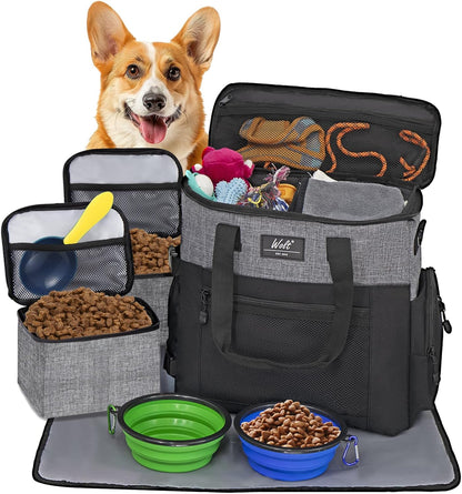 WOLT Dog Travel Bag Dog Bag for Traveling and Supplies with 2 Collapsible Bowls, 2 Food Containers, 1 Place Mat, Grey - Pawvie