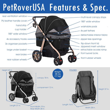 Titan-HD Premium Super-Sized Dog/Cat/Pet Stroller SUV Travel Carriage/w Access Ramp/100Lbs Capacity/Pumpless Rubber Wheels/Aluminum Frame for Small, Med, Large, XL Pets (Black)