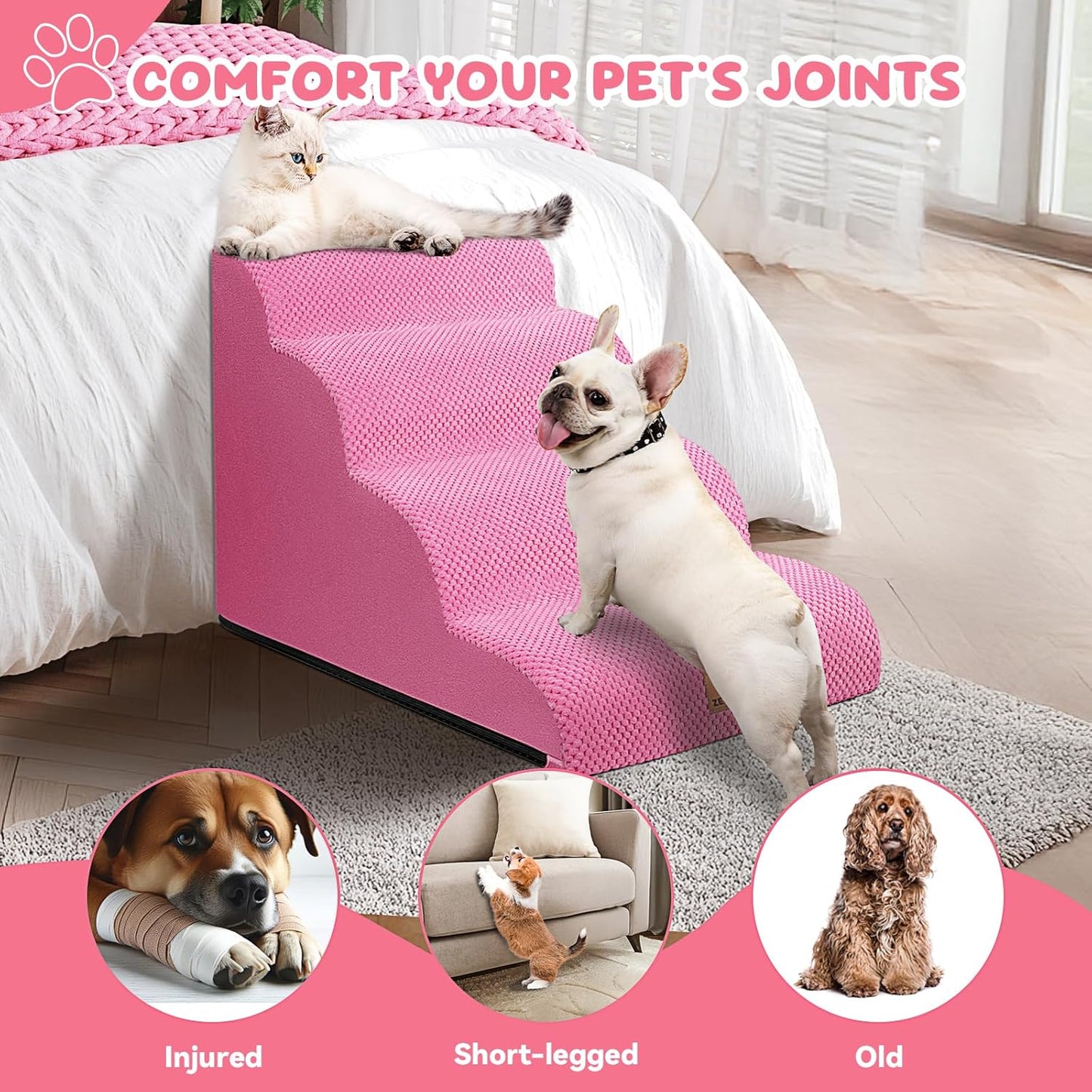 Dog Ramp and Stair for Bed 16" H-20 H,3-Step Cat Stair for Sofa and Chair,4-Step Dog Ramp for High Bed and Window,Durable Nonslip Fabric Cover for Indoor (Pink-20 H, Pet Friendly, 4) - Pawvie
