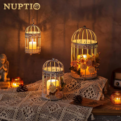 NUPTIO Decorative Candle Lanterns White: 3 Pcs Distressed White Metal Bird Cage Indoors Lantern Centerpiece Assorted Rustic Birdcage Pillar Candle Holders for Home Living Room Porch Office Decoration