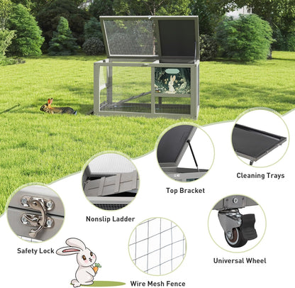COZIWOW Fashionable Wood 36In Rabbit Hutch Indoor on Wheels Bunny Cage Outdoor Rabbit Cage with Clean Tray, Openable Roof, Anti-Slip Ramp for Small Bunny Rabbit (Grey with Pattern)
