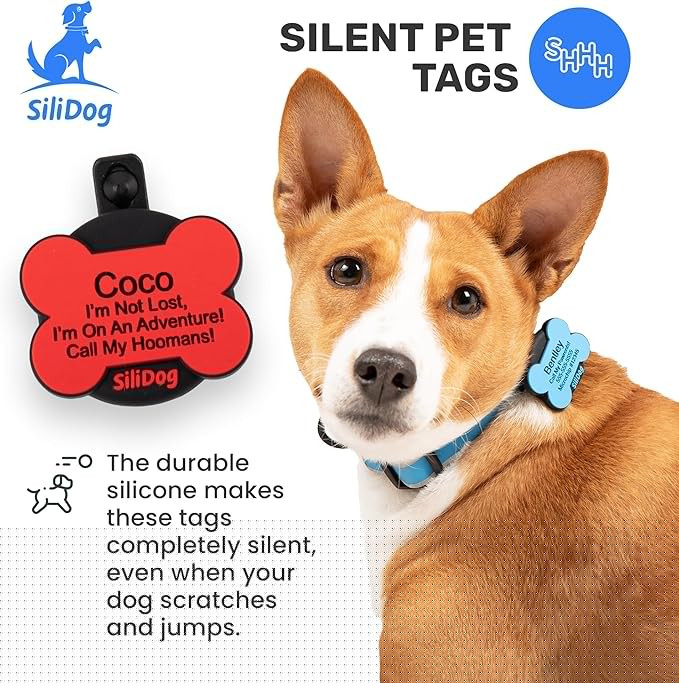 SiliDog AirTag Holder Silent Dog ID Tag – Personalized Engraved Silicone Pet Tag – Durable, Glow-in-The-Dark – Red Bone