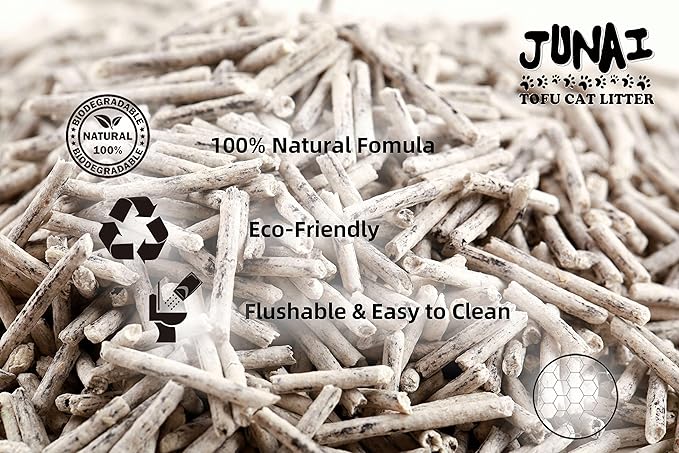 JUNAI Tofu Cat Litter 16 Packs(2.3kg x 16), Active-Carbon Natural Clumping Cat Litter Pellet flushable Biodegradable Kitty Litter, Good for All cat Litter Box, Lightweight dust Free and Odor Control
