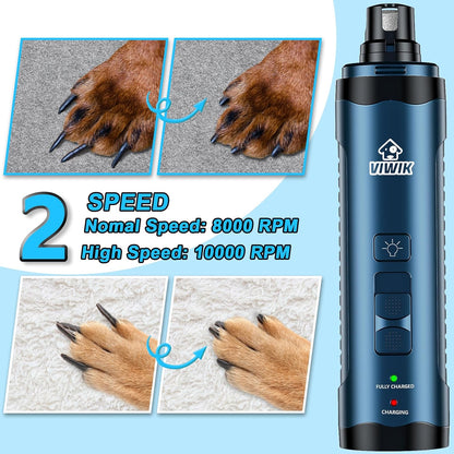 VIWIK Dog Nail Grinder, Dog Nail Trimmers with LED Lights, Pet Nail Clippers Kit for Large Medium Small Dogs & Cats, 2-Speed Quiet Electric USB Rechargeable Pet Paws Grooming Tool Blue