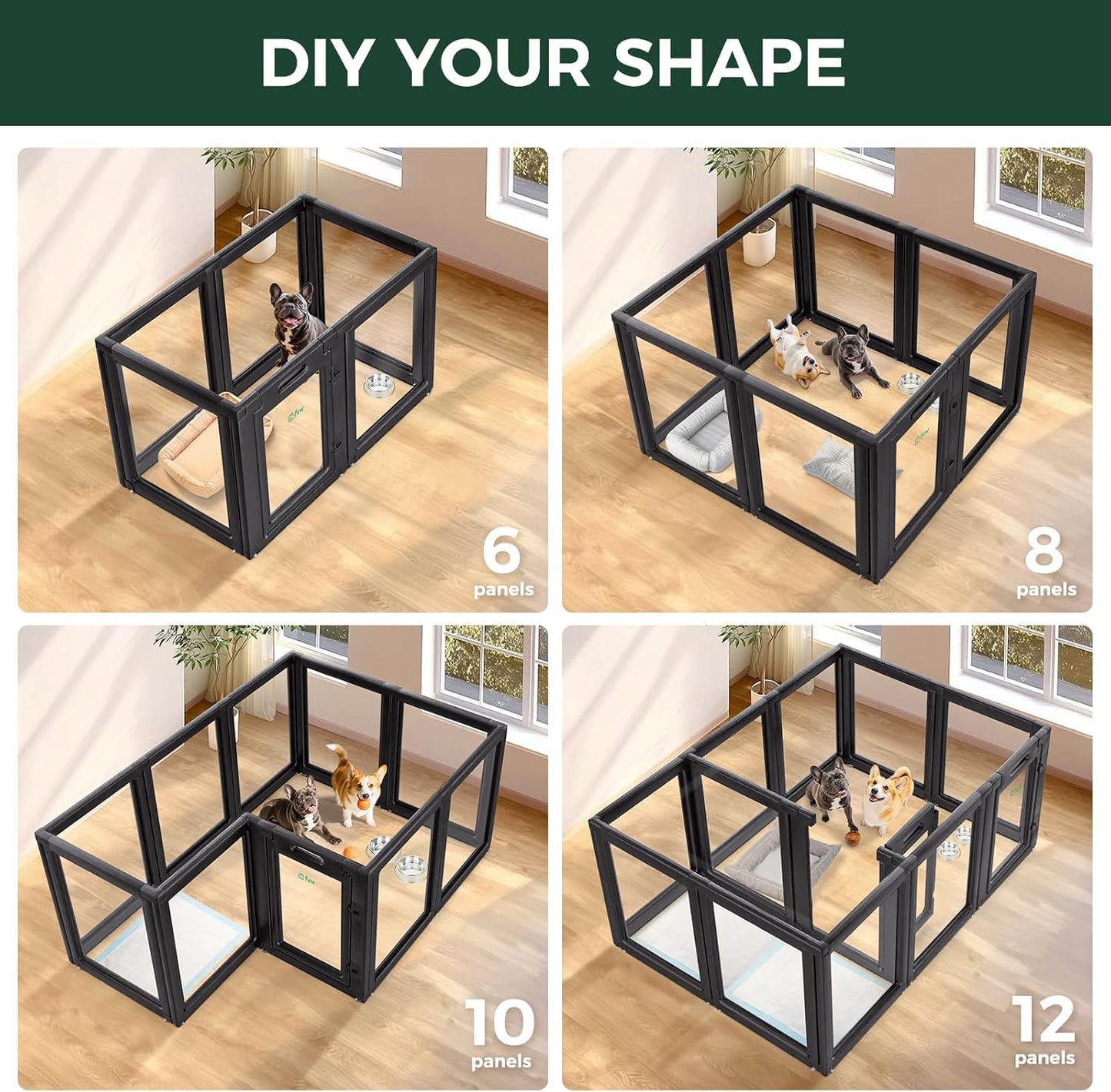 FXW AuraSpace Acrylic Indoor Unleashed Dog Playpen for Small and Medium Dogs, 30 Inch, 12 Panels, Black