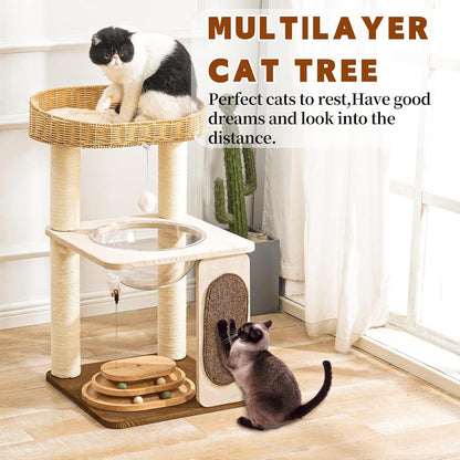 Modern Cat Tree for Indoor Cats with Sisal Rope Scratching Posts, Hand-Woven Cat Condo & Top Perch, Space Capsule Cats Nest, Cute Cat Tree with Interactive Cat Toy