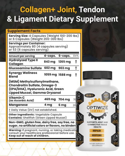 10-in-1 Joint Support Hydrolyzed Collagen,MSM, Hyaluronic Acid, Glucosamine,Chondroitin & More- Targets Joint Discomfort, Improves Mobility & Flexibility 320 Caps for Men & Women Made in USA
