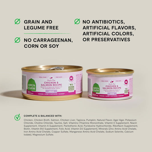 Open Farm Canned Cat Food, Paté for Complete & Balanced Nutrition, Grain-Free and Legume-Free Wet Cat Food, Chicken & Salmon Recipe, 2.8oz Cans (Case of 18)