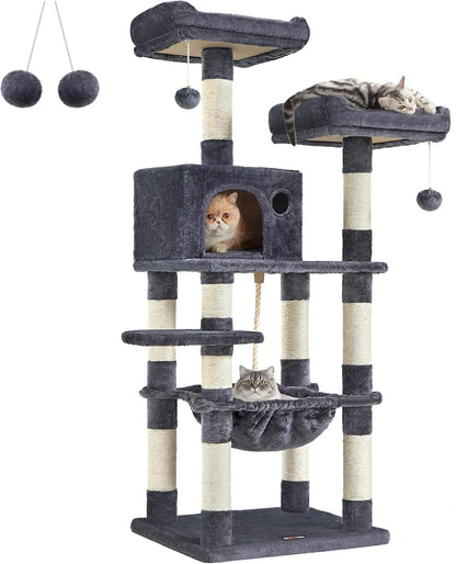 FEANDREA Cat Tree, Cat Tower for Indoor Cats, 56.3-Inch Cat Condo with Scratching Posts, Hammock, Plush Perch, Smoky Gray UPCT15GYZ