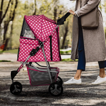 MoNiBloom 3 Wheels Pet Dog Cat Stroller for Small Medium Dogs Cats, Foldable Jogger Stroller w/Storage Basket and Cup Holder, Hot Pink Polka Dots - Pawvie