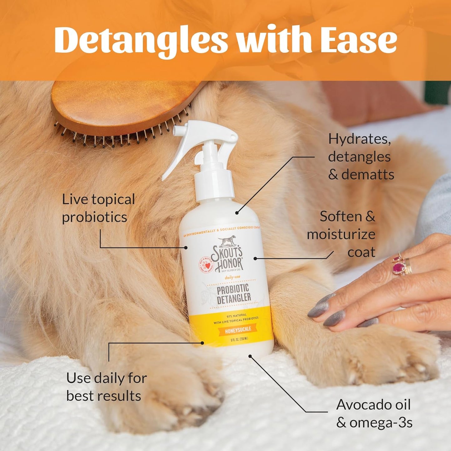Skout's Honor Probiotic Pet Detangler Spray - Hydrating & Conditioning w/Avocado Oil, 97% Natural, Paraben & Sulfate-Free, softens for a More brushable Coat, Daily Use, 8oz, Honeysuckle, 2-Pack