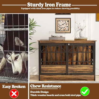COZPAW 52 Inch Dog Crate Furniture, Extra Large Dog Kennel Indoor for XLarge Breed, Heavy Duty Dog Cage with Double Elegant Arched Doors, Decorate as TV Stand & End Table-Retro Brown