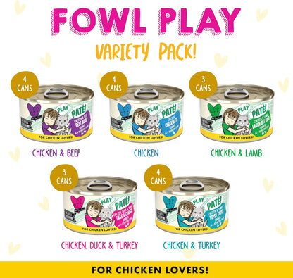 Weruva B.F.F. Play - Best Feline Friend Paté Lovers, Aw Yeah!, Fowl Play Yellow Patés Variety Pack, 2.8oz Can (Pack of 18)