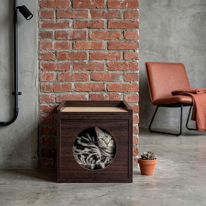 Meowdium Cat House – Cat Condo with Cardboard Scratcher, Scratching Post, Bed & Toy Storage, Cozy Cat Furniture & Accessories for Indoor Cats, Espresso