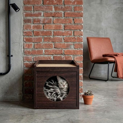Meowdium Cat House – Cat Condo with Cardboard Scratcher, Scratching Post, Bed & Toy Storage, Cozy Cat Furniture & Accessories for Indoor Cats, Espresso