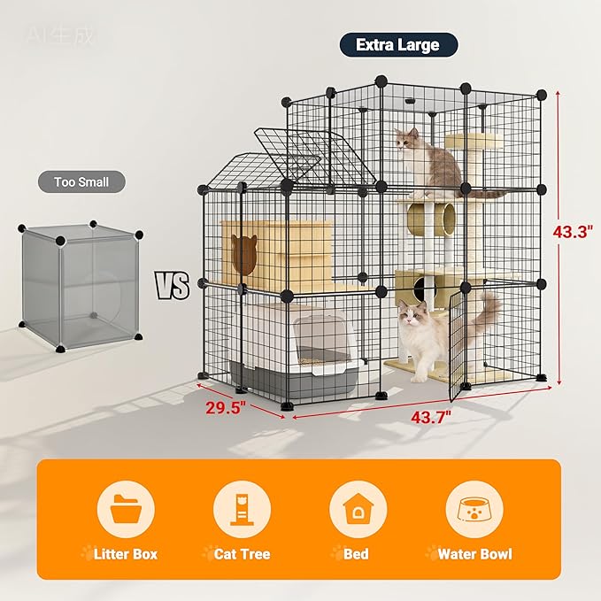 3-Tier DIY Indoor Cat Cage with Skylight, Accommodates Multiple Pets; Foldable Large Cat Cage Enclosure (with Litter Box Area); 43.7-Inch Metal Wire Cat Bed Habitat