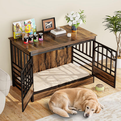 COZPAW 52 Inch Dog Crate Furniture, Extra Large Dog Kennel Indoor for XLarge Breed, Heavy Duty Dog Cage with Double Elegant Arched Doors, Decorate as TV Stand & End Table-Retro Brown