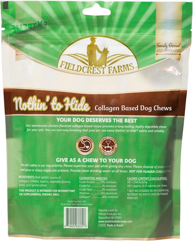 Fieldcrest Farms Nothin' to Hide Twist Stix, Chicken Flavor, Easily Digestible, Supports Skin, Coat, Joints & Muscles, for Moderate Chewers Under 15lbs, 50 Pieces