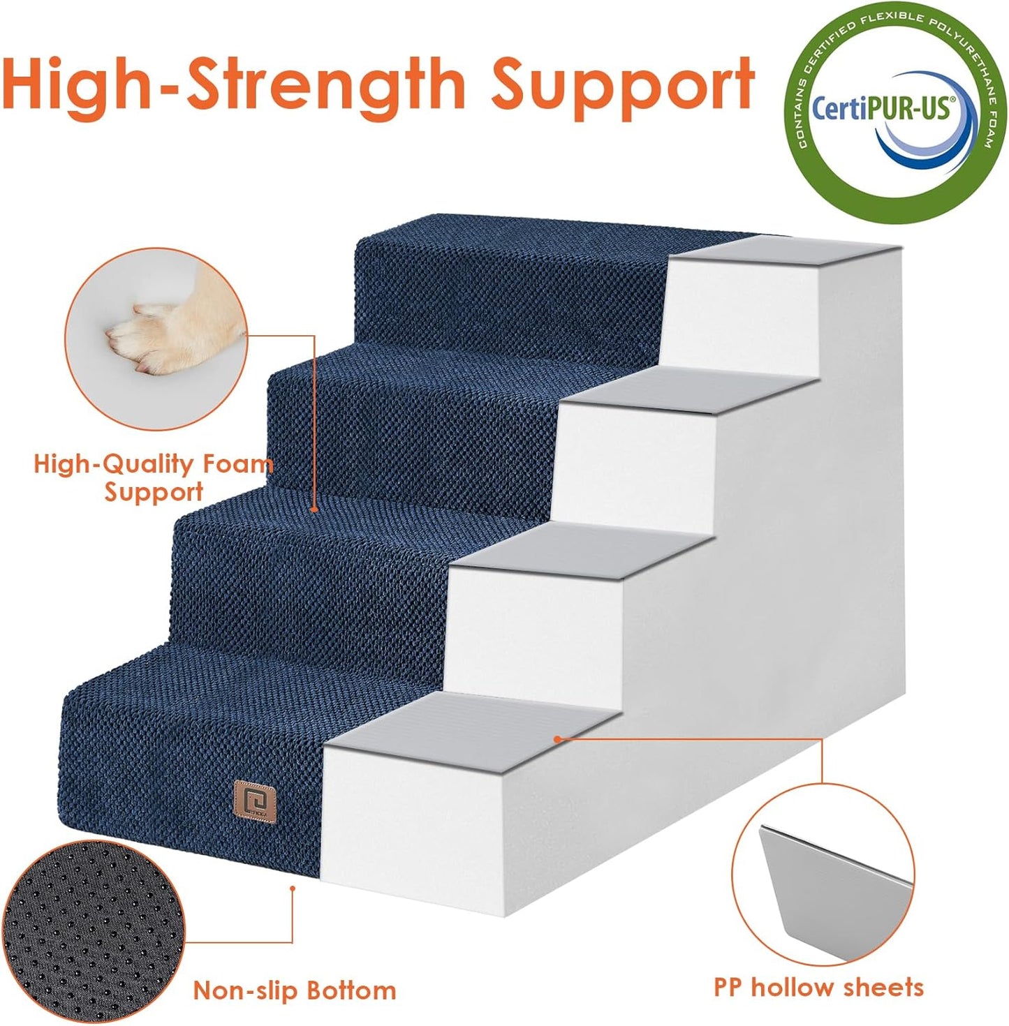 EHEYCIGA Dog Stairs for Bed 20" H, 4-Step Extra Wide Dog Steps for High Bed, Pet Steps for Small Dogs and Cats, Non-Slip Balanced Pet Ramp Indoor, Navy Blue