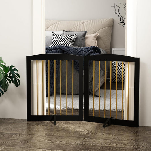 Freestanding Pet Gate for Dogs, Foldable Wooden Dog Gate for House, Stairs, Doorways, Step Over Pet Puppy Safety Fence,Support Feet Included,24" Height 2 Panels, Black&Gold