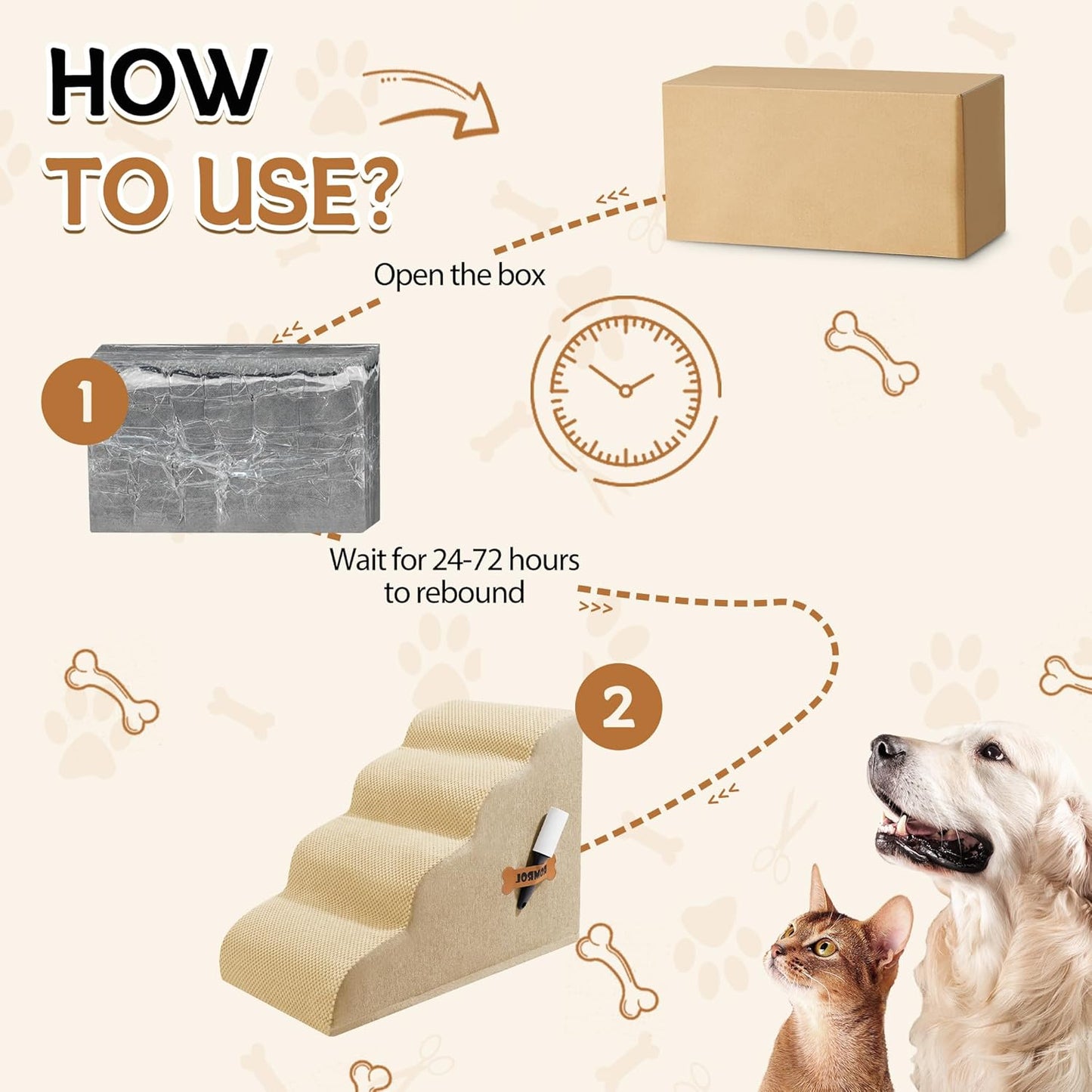 Dog Stairs, Romrol Dog Steps Ramp for High Bed and Couch, Dogs Ramp with Durable Non-Slip Waterproof Fabric Cover, Pet Stairs for Small Dogs and Cats or Pets Joints, 4-TiersBeige - Pawvie