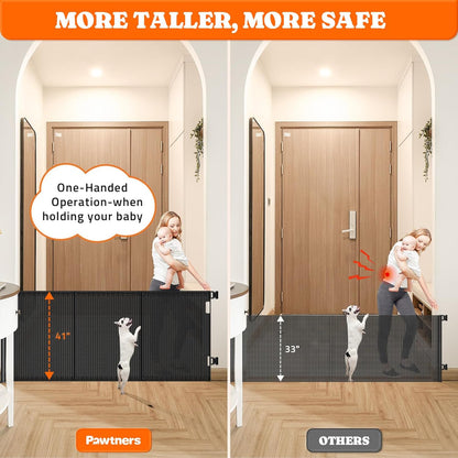 Pawtners Retractable Baby Gates Extra Wide, 41" Tall Extends up to 200" Wide, Dog Gate Indoor for Stairs, Pet Gate with Support Rods for Doorways Hallways Garage Indoor & Outdoor-Black