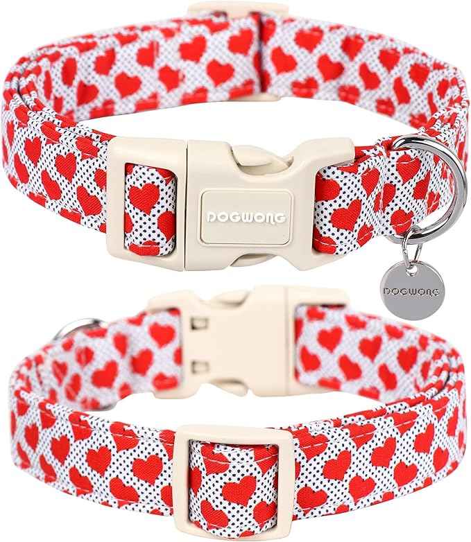 DOGWONG Valentine's Dog Collar - Red Heart Adjustable Cotton Heart Dog Collar - Perfect for Small to Medium Dogs