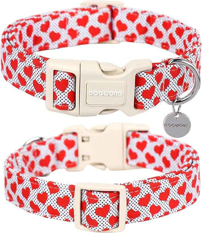 DOGWONG Valentine's Dog Collar - Red Heart Adjustable Cotton Heart Dog Collar - Perfect for Small to Medium Dogs