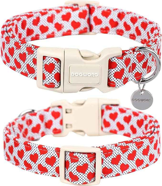 DOGWONG Valentine's Dog Collar - Red Heart Adjustable Cotton Heart Dog Collar - Perfect for Small Dogs