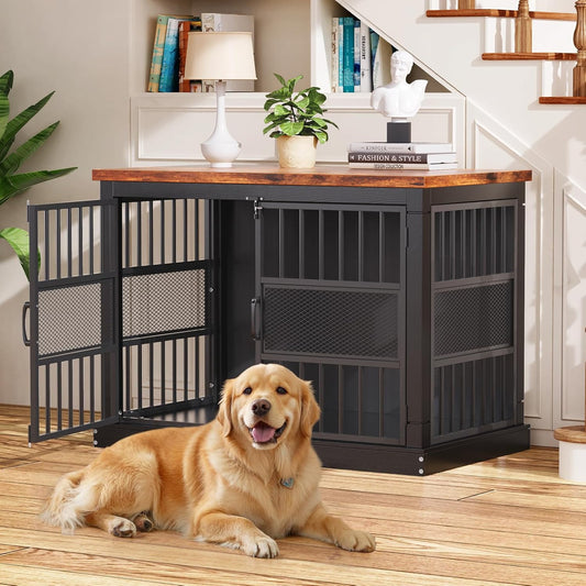 VOPEAK 46" Dog Crate Furniture, Chew Resistant Large Dog Crate for Medium Large Dogs, Heavy Duty XL Dog Crates Dog Kennel Cage Indoor with Double Doors, End Table for Bedroom Living Room, Black