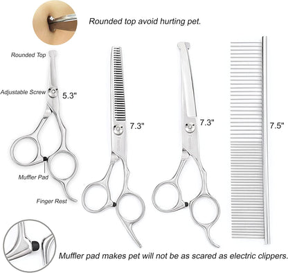 Dog Grooming Scissors Kit, Safety Round Tip, Heavy Duty Stainless Steel Dog Scissors and Nail Clippers, 6 in 1 Dog Grooming Kit