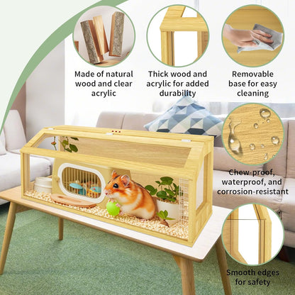 48" Large Hamster Cage, Chewproof Gerbil Cages and Habitats, Openable Top Roof Window with Silencing Pad, Wooden Guinea Pig Cage for Small Animals, Dwarf and Syrian Hamster, 40 x 20 x 20 Inches