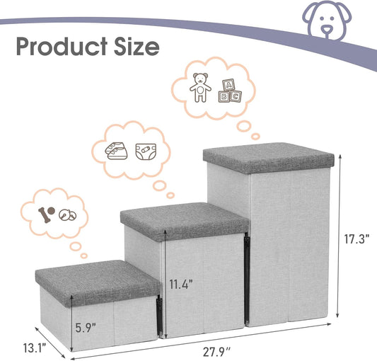 Heeyoo Dog Stairs with Storage, Foldable Dog Steps for Small Dogs, 3 Tiers Non-Slip Pet Stairs for High Beds Or Couch and Sofa, Hold up to 200 lbs Pet Cat