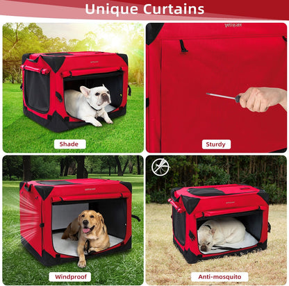 Pettycare 42 Inch Collapsible Dog Crate with Curtains Travel Dog Crate for Airflow and Calm Soft Pet Kennel with Portable Bag and More Chew Proof Mesh Indoor & Outdoor Red 4 Door Curtains