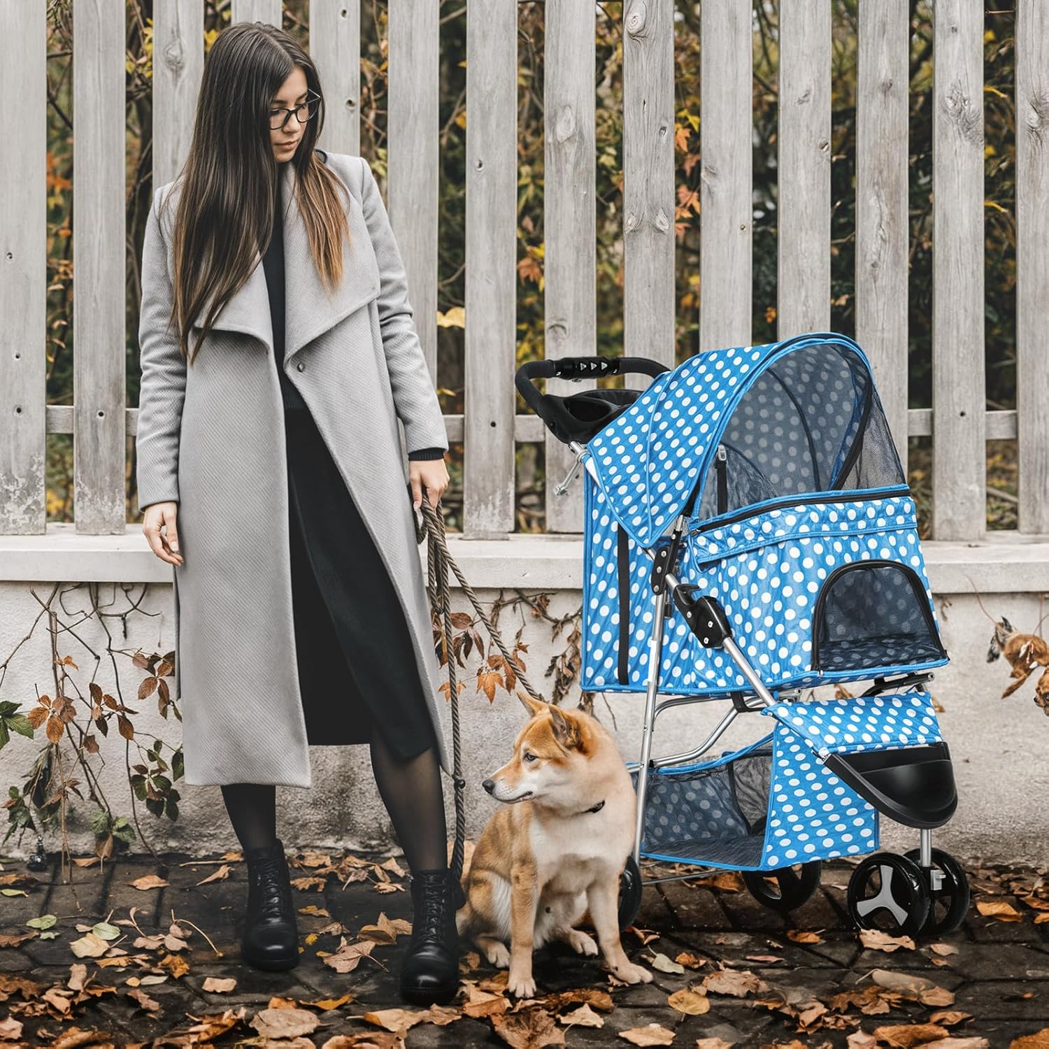 MoNiBloom 3 Wheels Pet Dog Cat Stroller for Small Medium Dogs Cats, Foldable Jogger Stroller w/Storage Basket and Cup Holder, Sky Blue Polka Dots - Pawvie