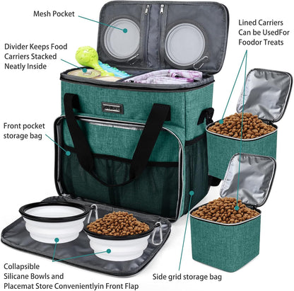 BAGLHER Pet Travel Set Airline-Approved Carrier for Small/Medium Cats & Dogs + Travel Bag with Food Containers & Silicone Bowls, Grey & Green