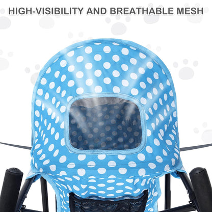 MoNiBloom 4 Wheels Pet Stroller, Easy-Fold Umbrella Shaped Dog Cat Jogger Stroller w/Storage Bag & Visible Mesh for Small/Medium Dogs Cats Sky Blue Polka Dots - Pawvie