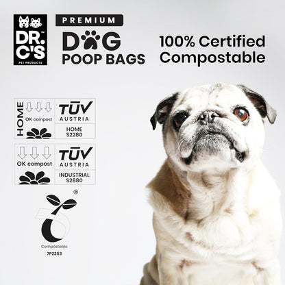 100% Certified Compostable Dog Poop Bags - Dr. C's Premium Dog Poop Bags - 270 Bags / 18 Rolls, Extra thick, Leak Proof, Unscented, Plant Based and Earth Friendly, Dispenser Included