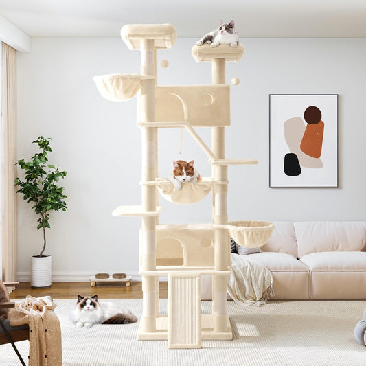 Allewie 81 Inches Tall Cat Tree/Multi-Level Large Climbing Tree House and Towers for Big Feline/Condo and Hammock/Scratching Post/Wide Base/Beige